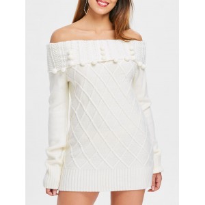 Long Sleeve Off Shoulder Rhombus Sweater Dress - Crystal Cream